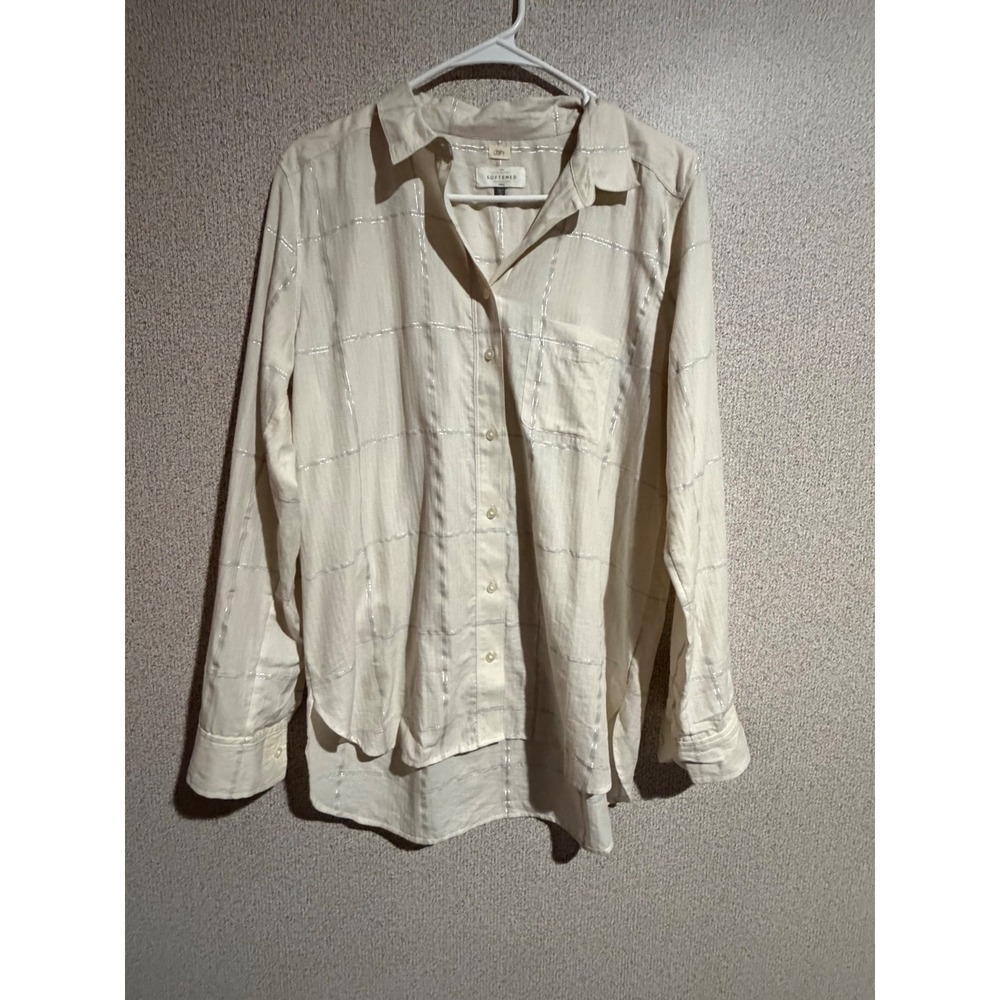 Loft Softened Shirt Womens Medium Cream Metallic Silver Grid Button Down Blouse